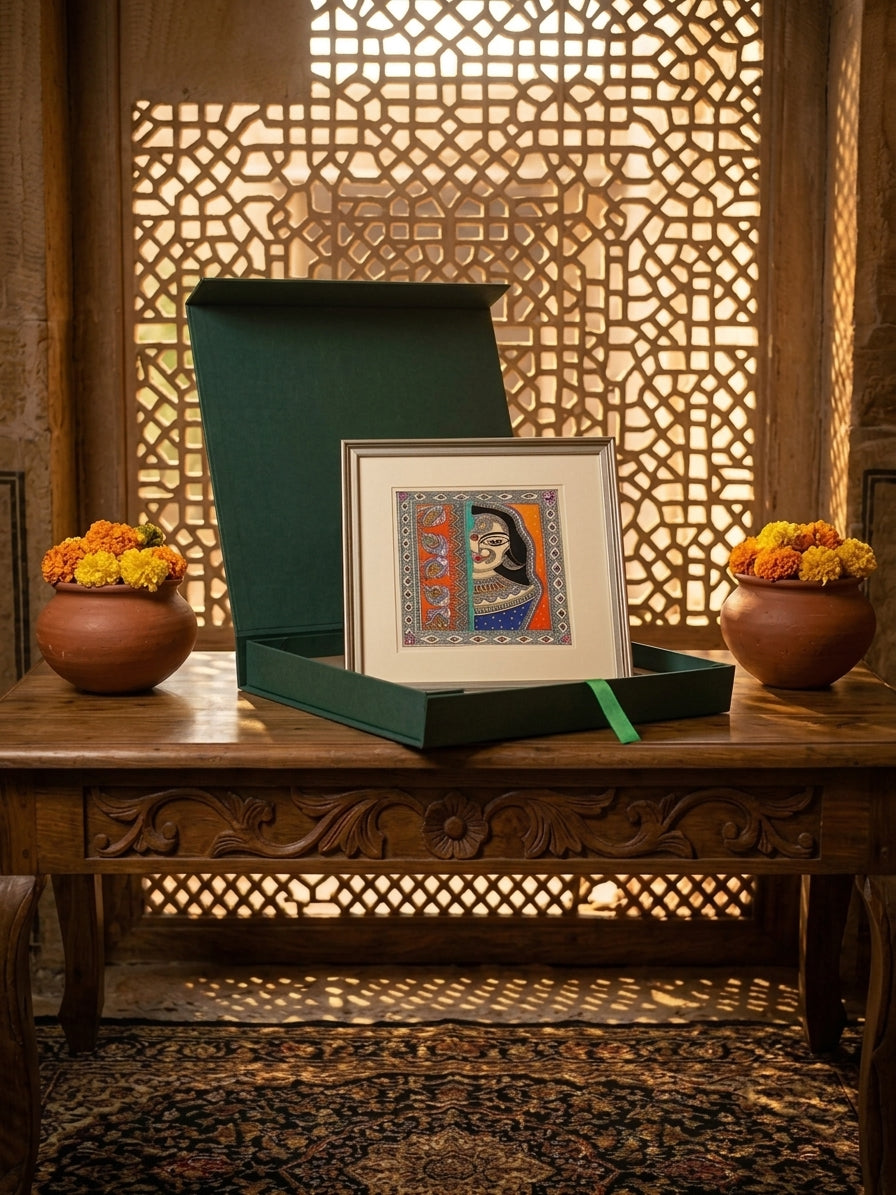Graceful Woman with Fish Motifs | Framed Madhubani Painting