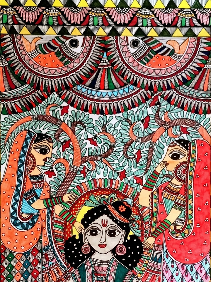 Bal Krishna Stealing Butter with Gopis Madhubani Painting on Paper · view 3