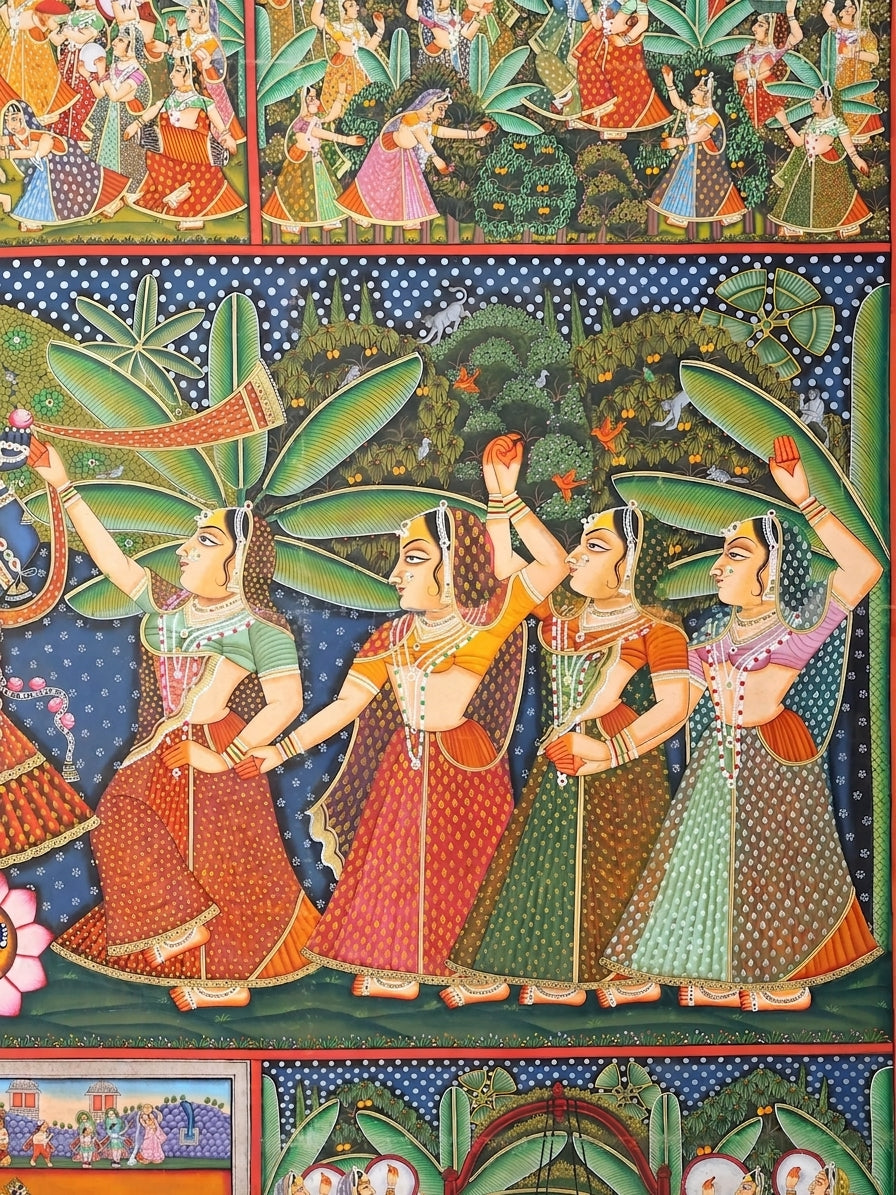 Divine Shrinathji with Gopis | Large Hand-Painted Nathdwara Pichwai