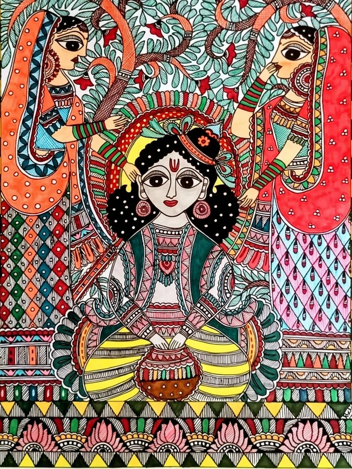 Bal Krishna Stealing Butter with Gopis Madhubani Painting on Paper · view 2