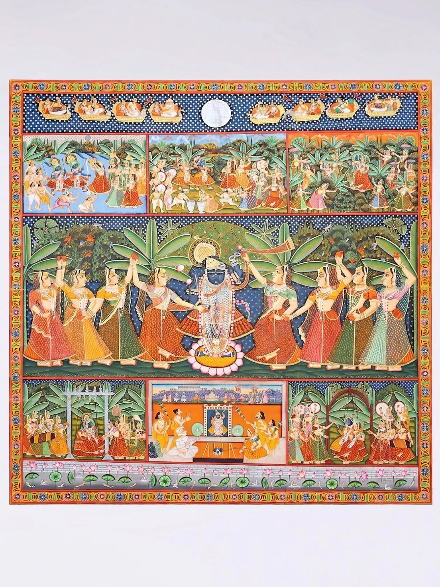Divine Shrinathji with Gopis | Large Hand-Painted Nathdwara Pichwai