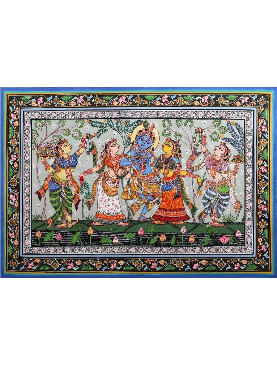 Dancing Lord Krishna with Rukmini and Satyabhama Pattachitra Painting on Canvas