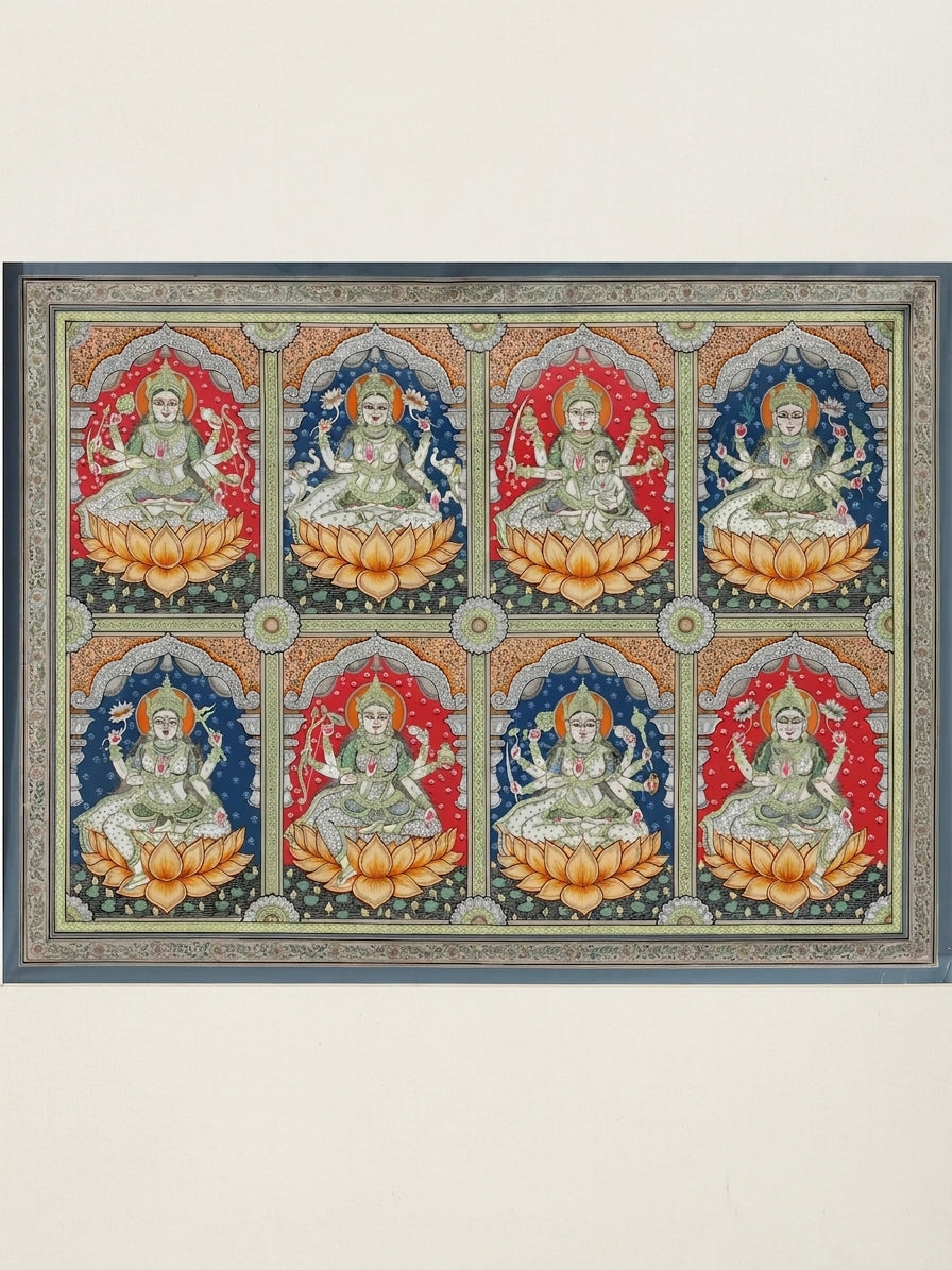 Masterpiece of Ashtalakshmi - Eight Forms of Goddess Lakshmi Painting on Tussar Silk