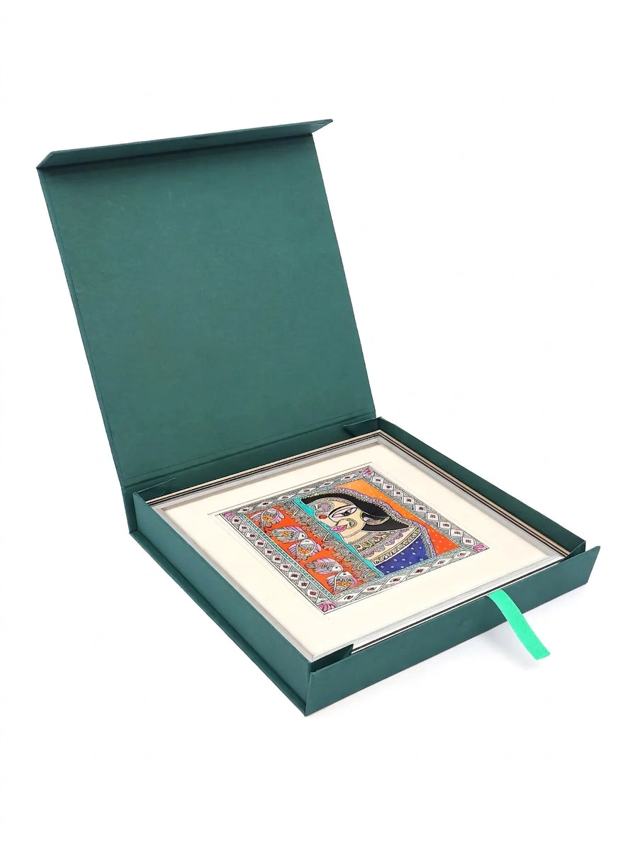 Graceful Woman with Fish Motifs | Framed Madhubani Painting