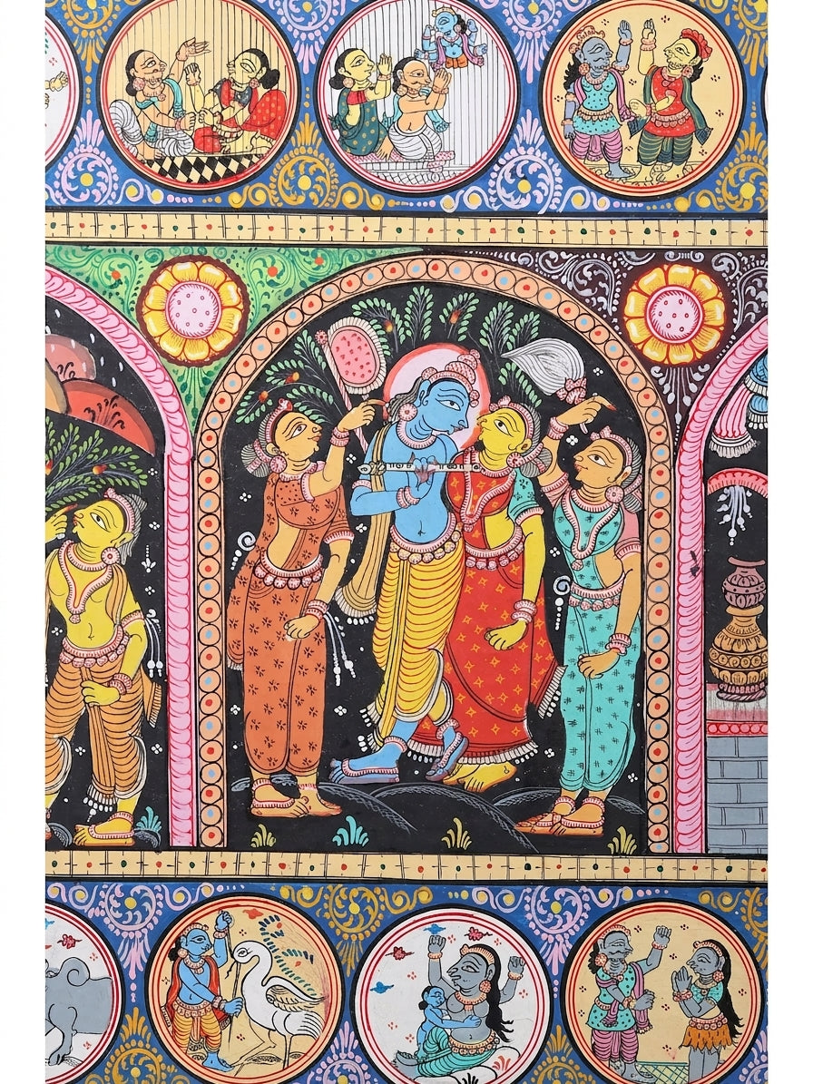 Episodes of Krishna's Story Pattachitra Painting on Canvas