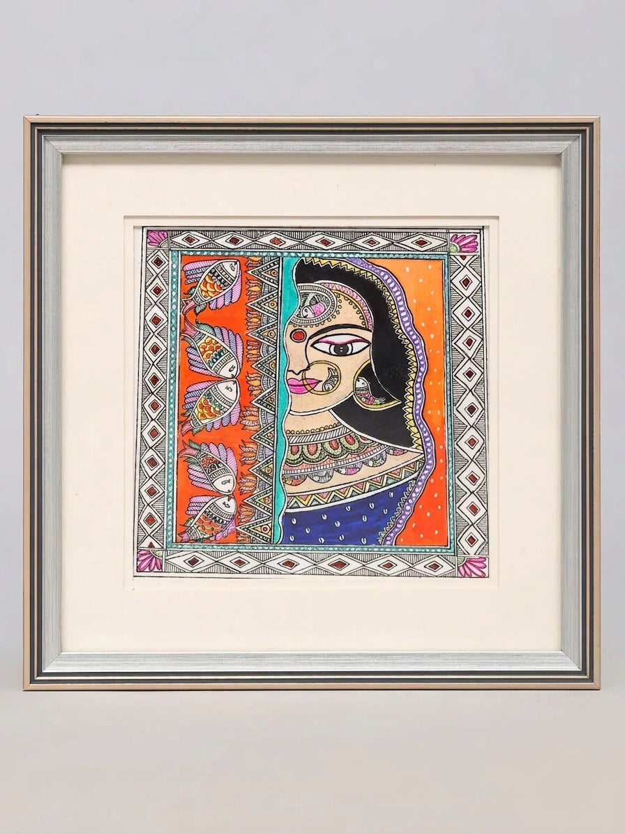Graceful Woman with Fish Motifs Madhubani Painting on Handmade Paper