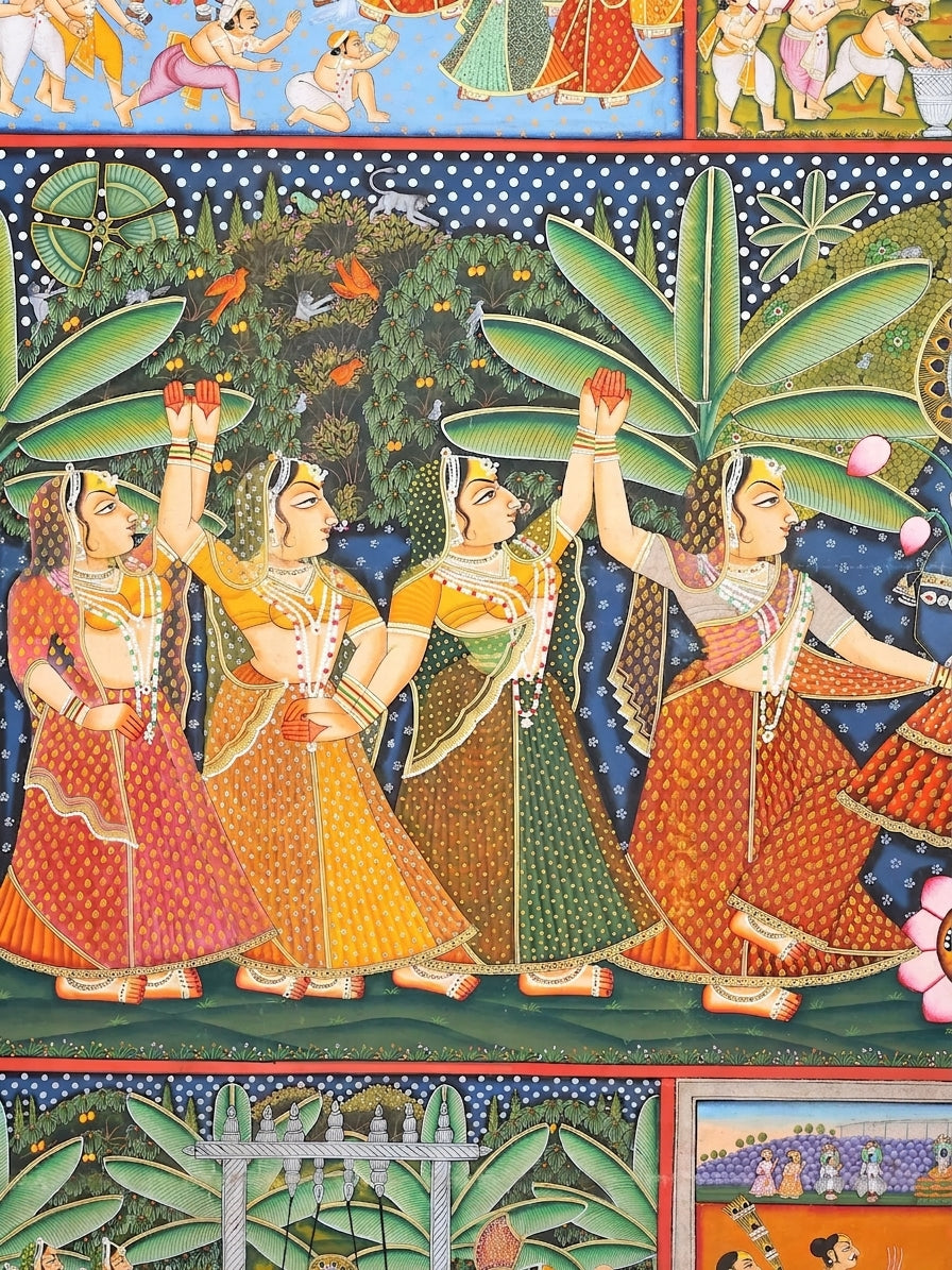 Divine Shrinathji with Gopis | Large Hand-Painted Nathdwara Pichwai