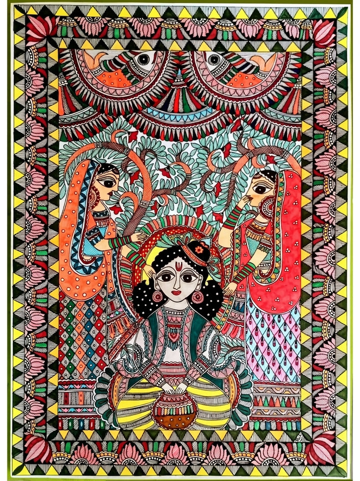 Bal Krishna Stealing Butter with Gopis Madhubani Painting on Paper · view 1