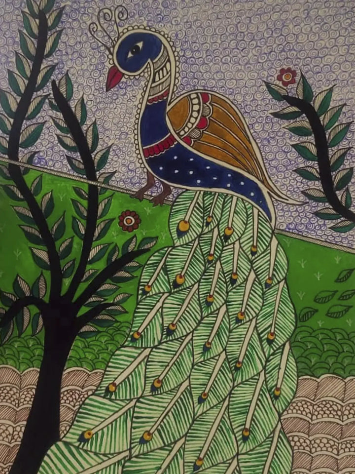 Peacock Sheet, Watercolor Madhubani Painting on Canvas · view 2