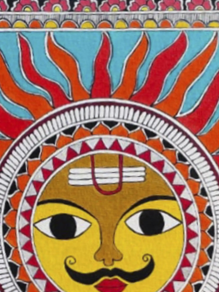 Rays of Lord Sun Sheet, Watercolor Madhubani Painting on Canvas · view 3