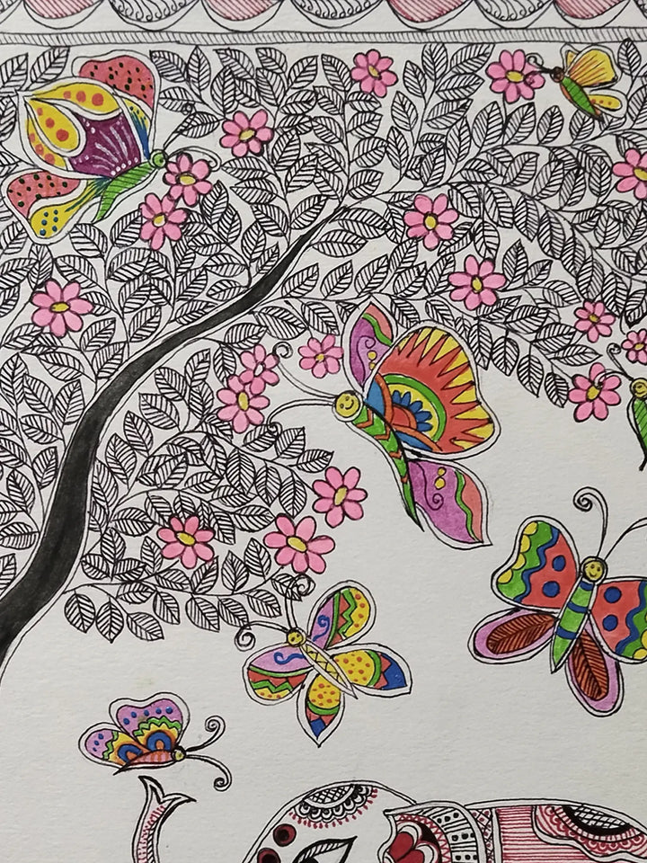 Elephants with Butterflies Madhubani Painting on Paper by Nishu Singh · view 3