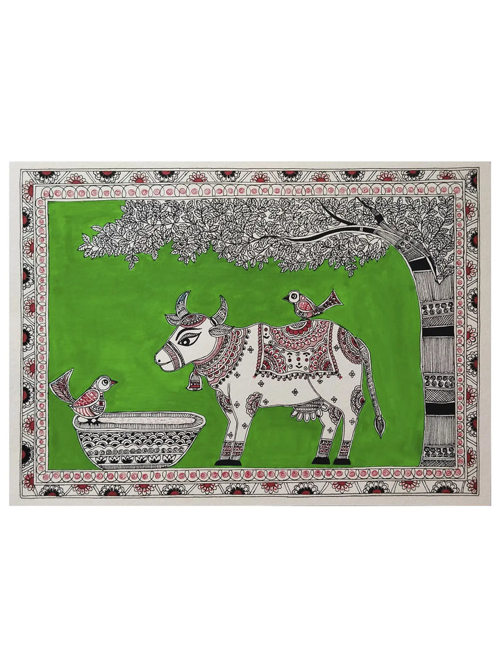 Cow and Birds Madhubani Painting on Paper by Nishu Singh · view 1