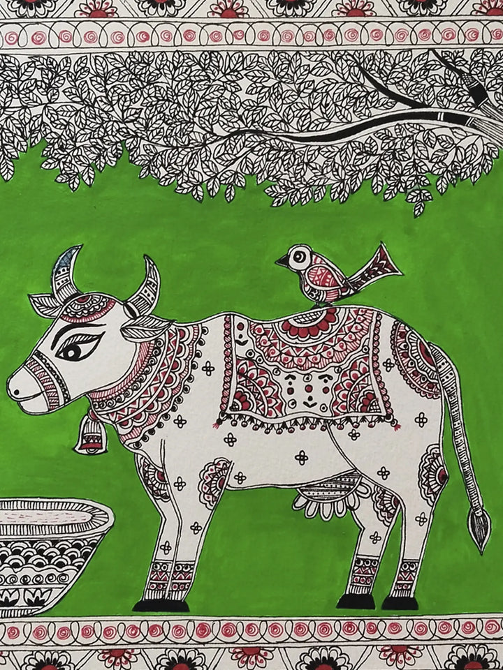 Cow and Birds Madhubani Painting on Paper by Nishu Singh · view 2