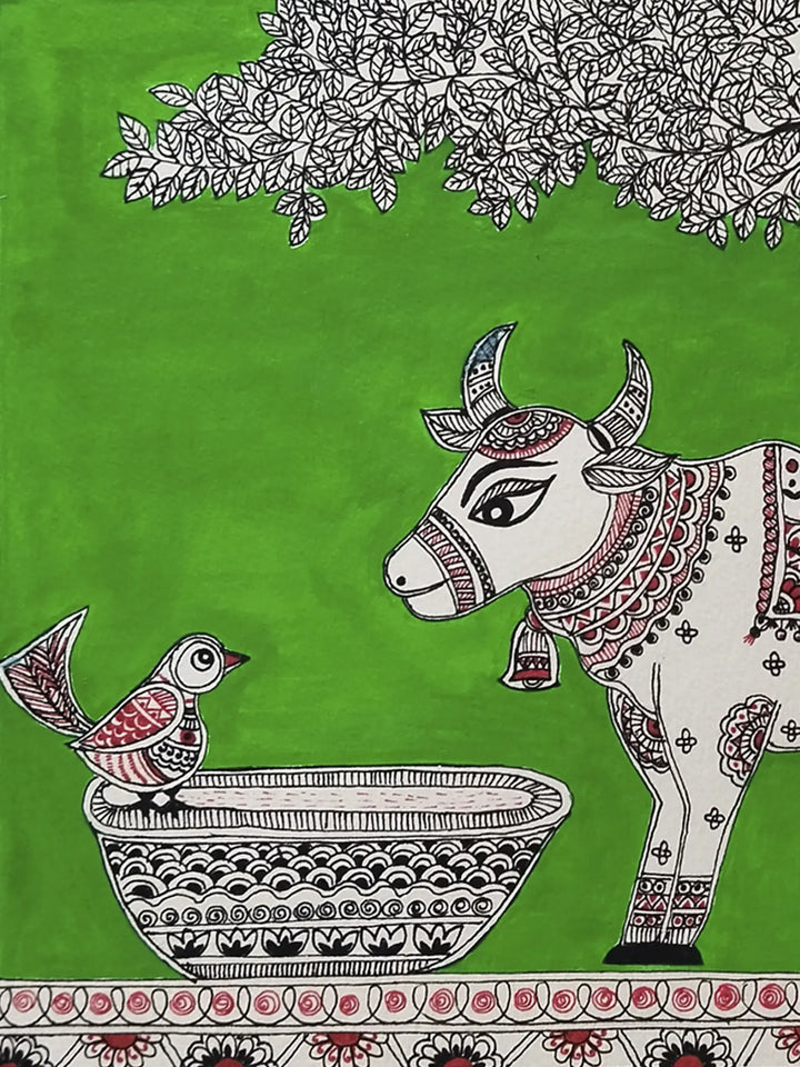 Cow and Birds Madhubani Painting on Paper by Nishu Singh · view 3