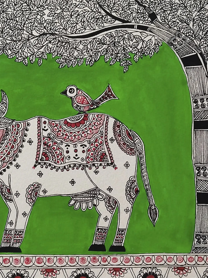Cow and Birds Madhubani Painting on Paper by Nishu Singh · view 4