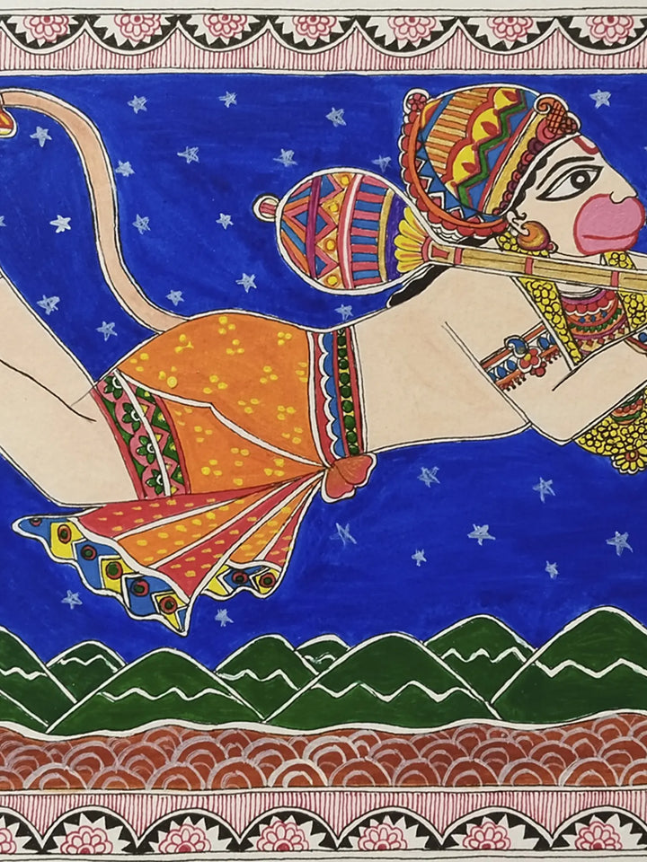 Flying Lord Hanuman with Sanjeevani Madhubani Painting on Paper by Nishu Singh · view 2