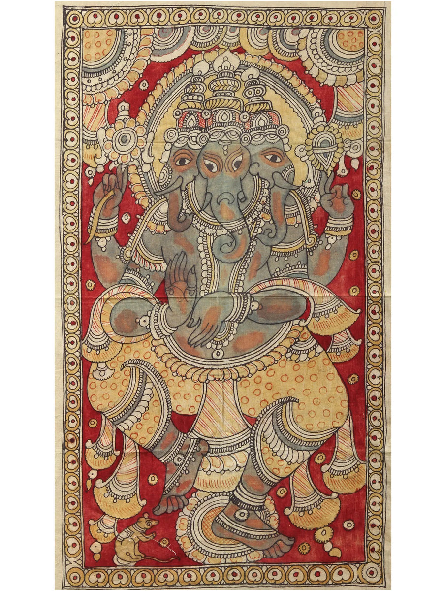 Three Heads Dancing Lord Ganesha Kalamkari Painting on Cotton