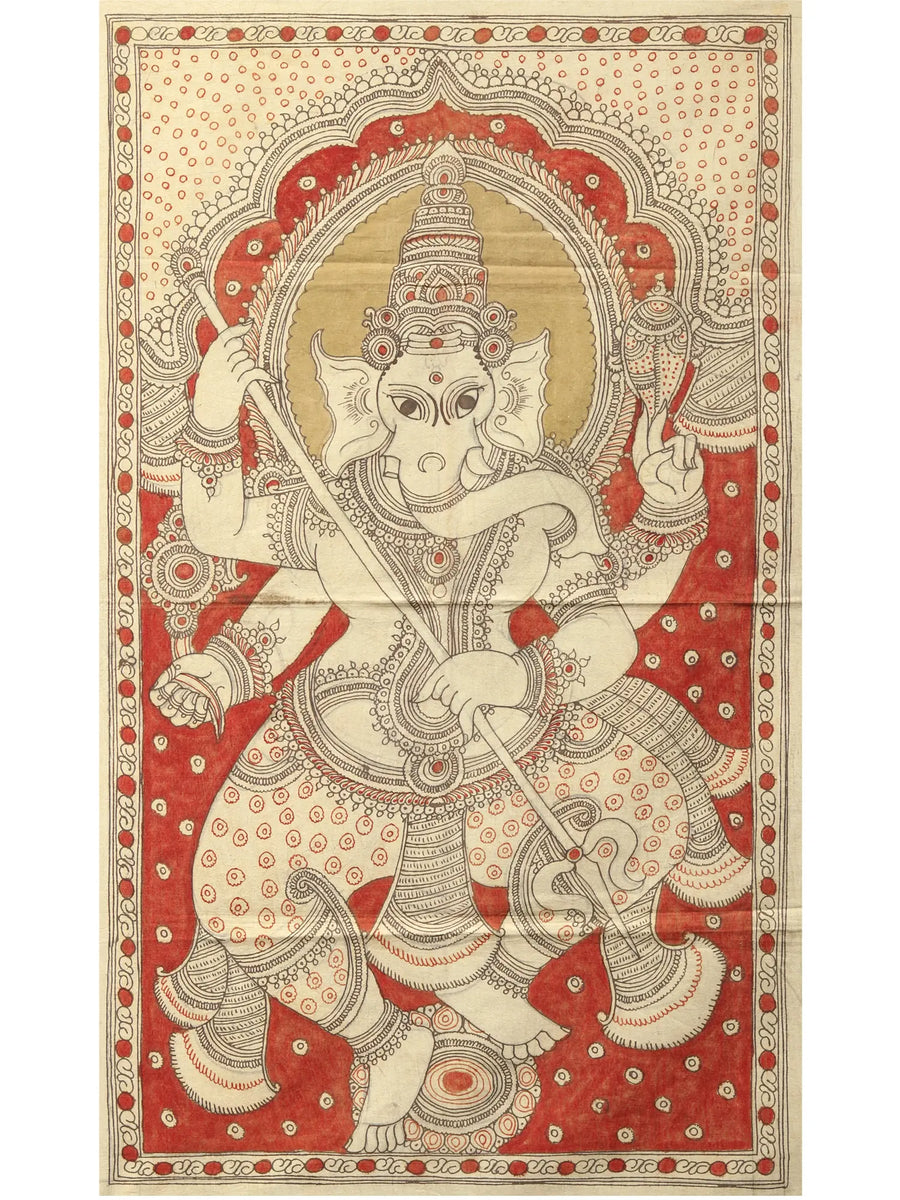 Four Armed Dancing Lord Ganesha Kalamkari Painting on Cotton