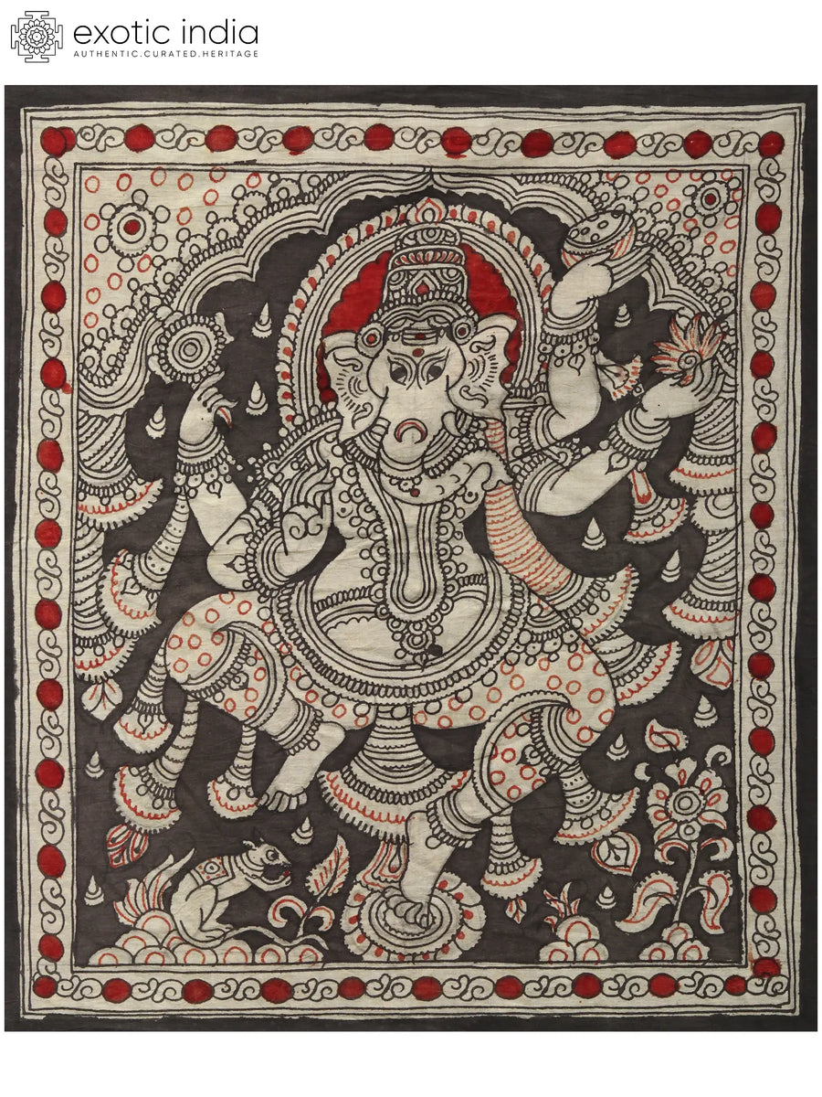Four Armed Dancing Lord Ganesha Kalamkari Painting on Cotton