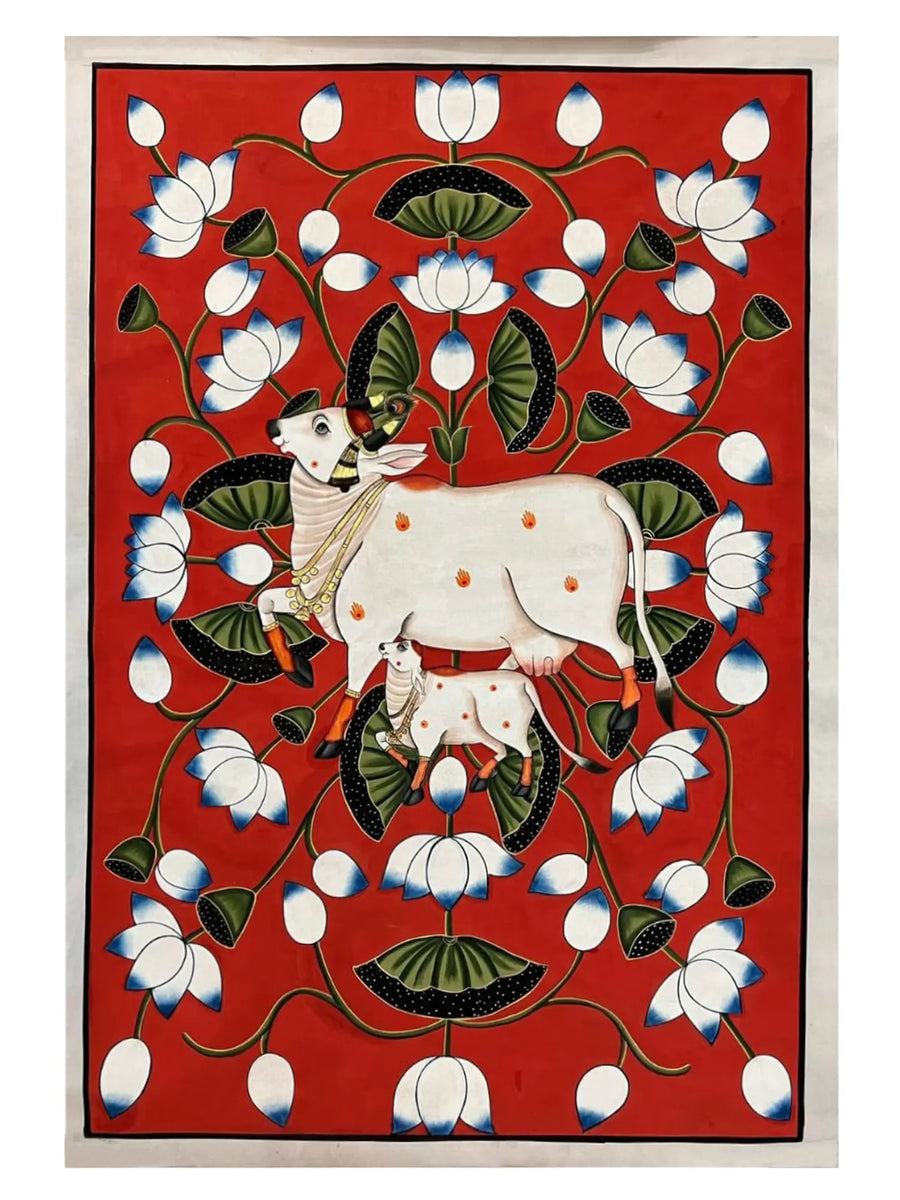 Kamdhenu Cow with Calf Painting on Cloth