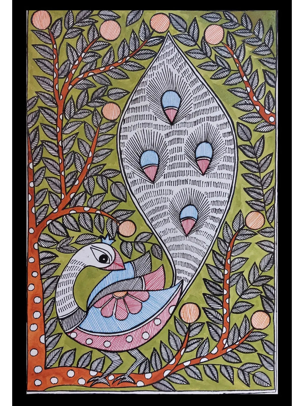 Peacock With Tail | With Frame | Acrylic Color On Hand Made Paper | Lalita Ray