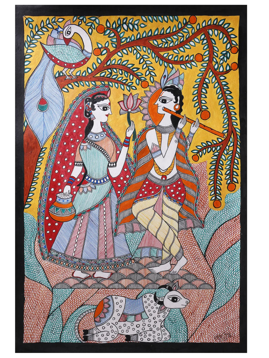 Radha Krishna Spiritual Love with Frame Madhubani Painting on Handmade Paper