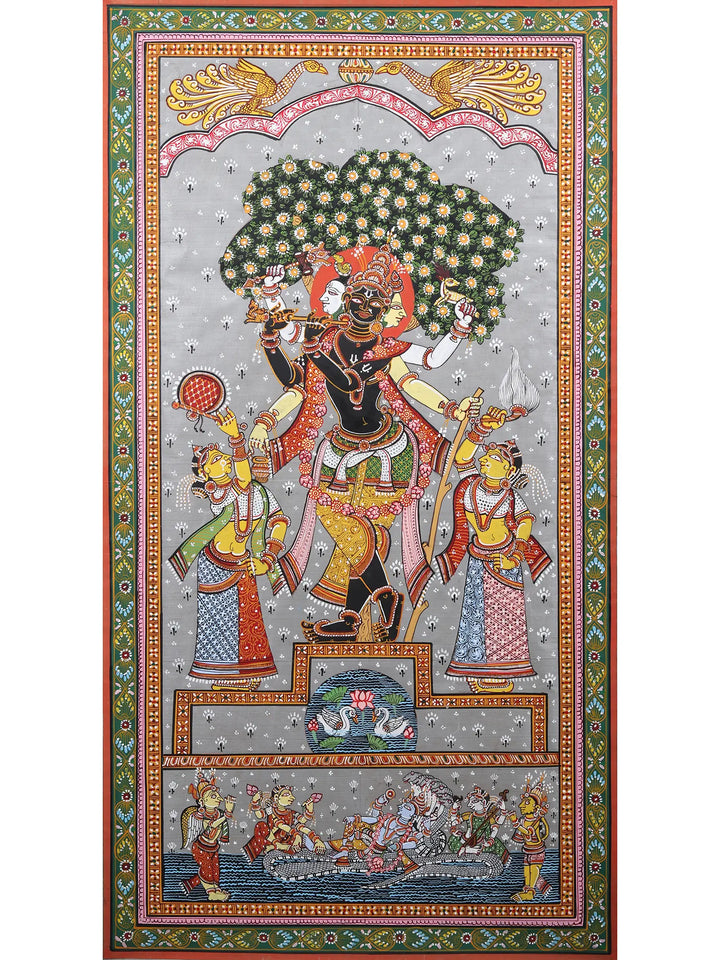 Cosmic Krishna as Brahma Vishnu Mahesh Painting on Tussar Silk · view 1