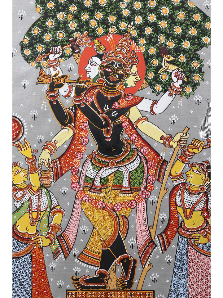 Cosmic Krishna as Brahma Vishnu Mahesh Painting on Tussar Silk · view 2