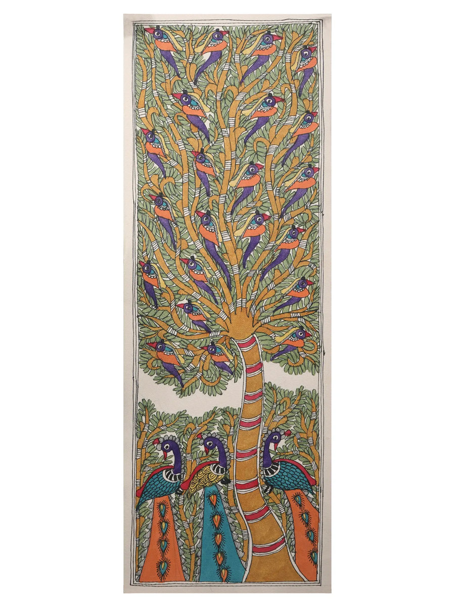 Tree of Life with Peacock Painting on Handmade Paper