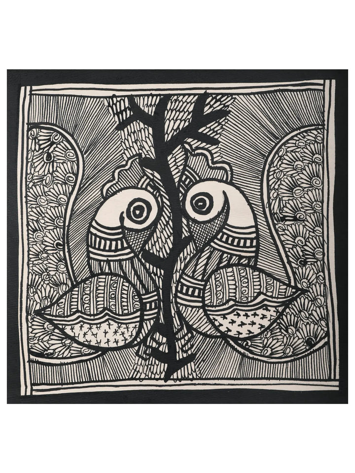 Twin Peacock Madhubani Painting on Handmade Paper · view 1