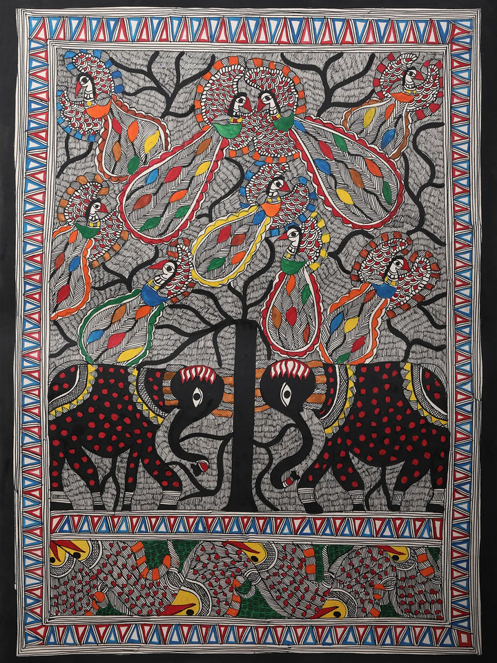 Tree of Life with Elephant and Peacock Painting on Handmade Paper · view 1