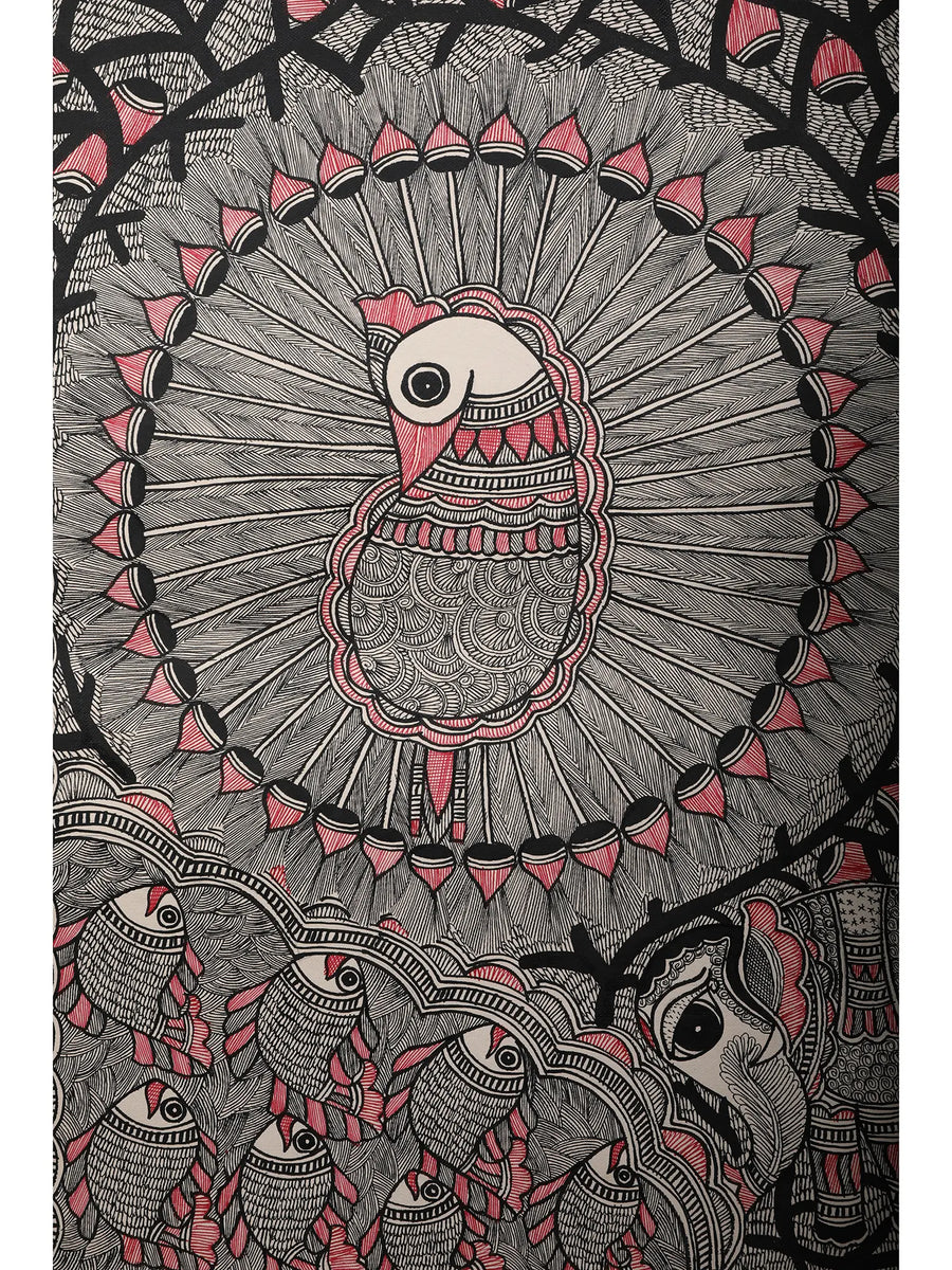 Peacock and Fish in Style Madhubani Painting on Handmade Paper