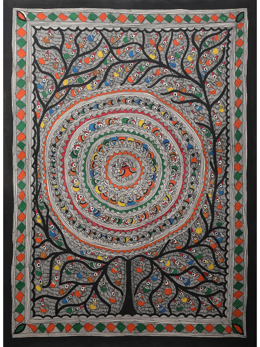 Tree of Life with Circle of Birds Painting on Handmade Paper