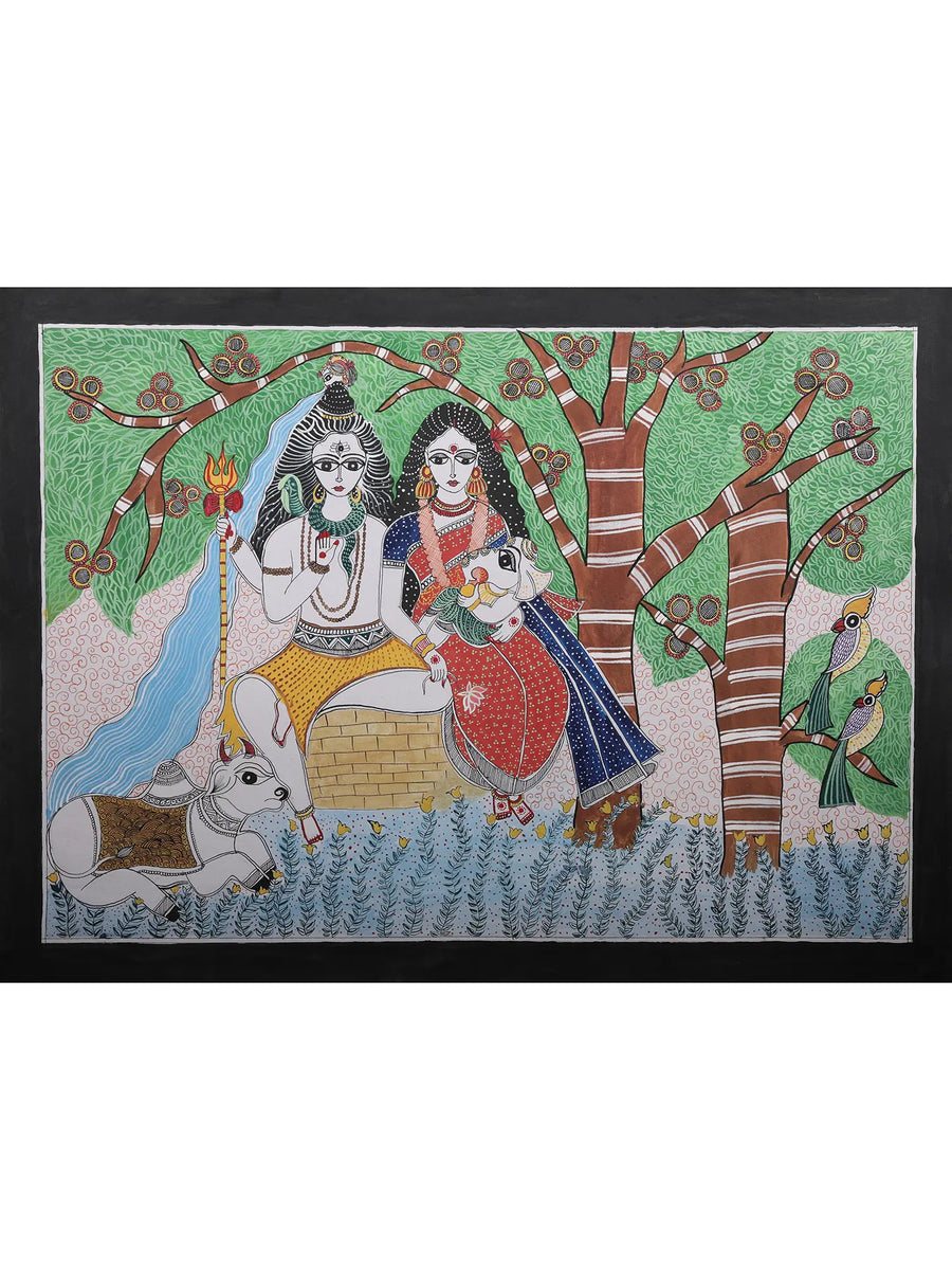 Lord Shiva and Parvati with Bal Ganesha Painting on Handmade Paper