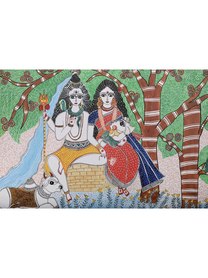 Lord Shiva and Parvati with Bal Ganesha Painting on Handmade Paper · view 2
