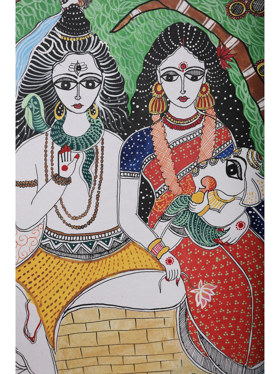 Lord Shiva and Parvati with Bal Ganesha Painting on Handmade Paper