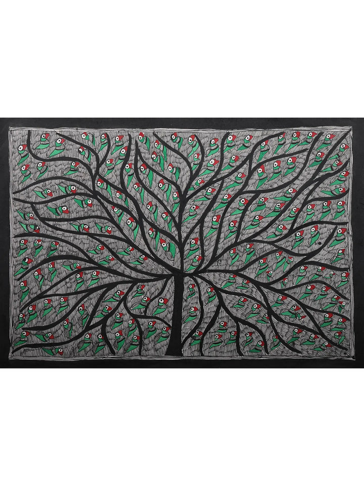 Tree of Life with Parrots Painting on Handmade Paper · view 1