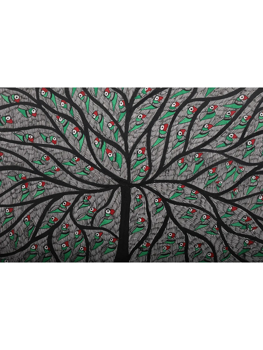 Tree of Life with Parrots Painting on Handmade Paper