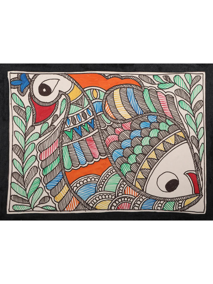 Peacock and Fish Painting on Handmade Paper by Ajay Kumar Jha