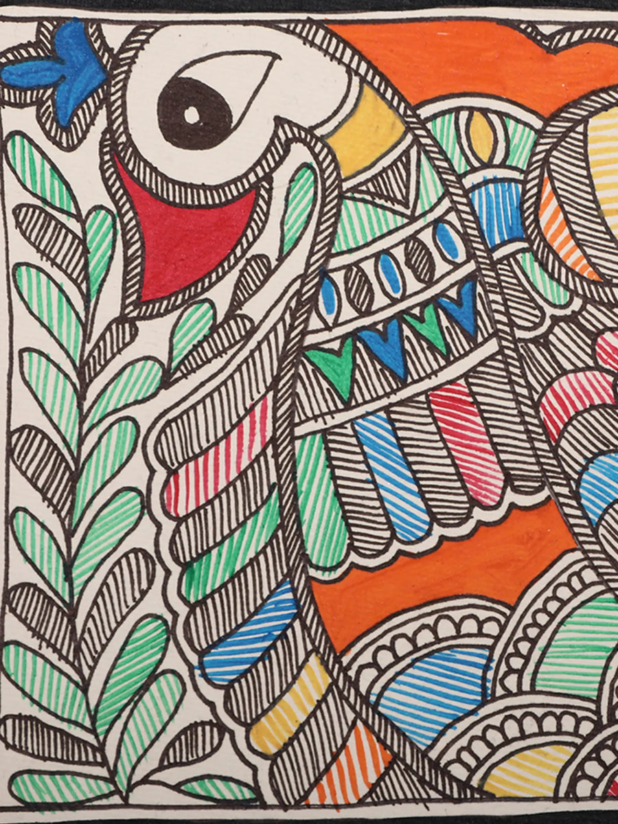 Peacock and Fish Painting on Handmade Paper by Ajay Kumar Jha
