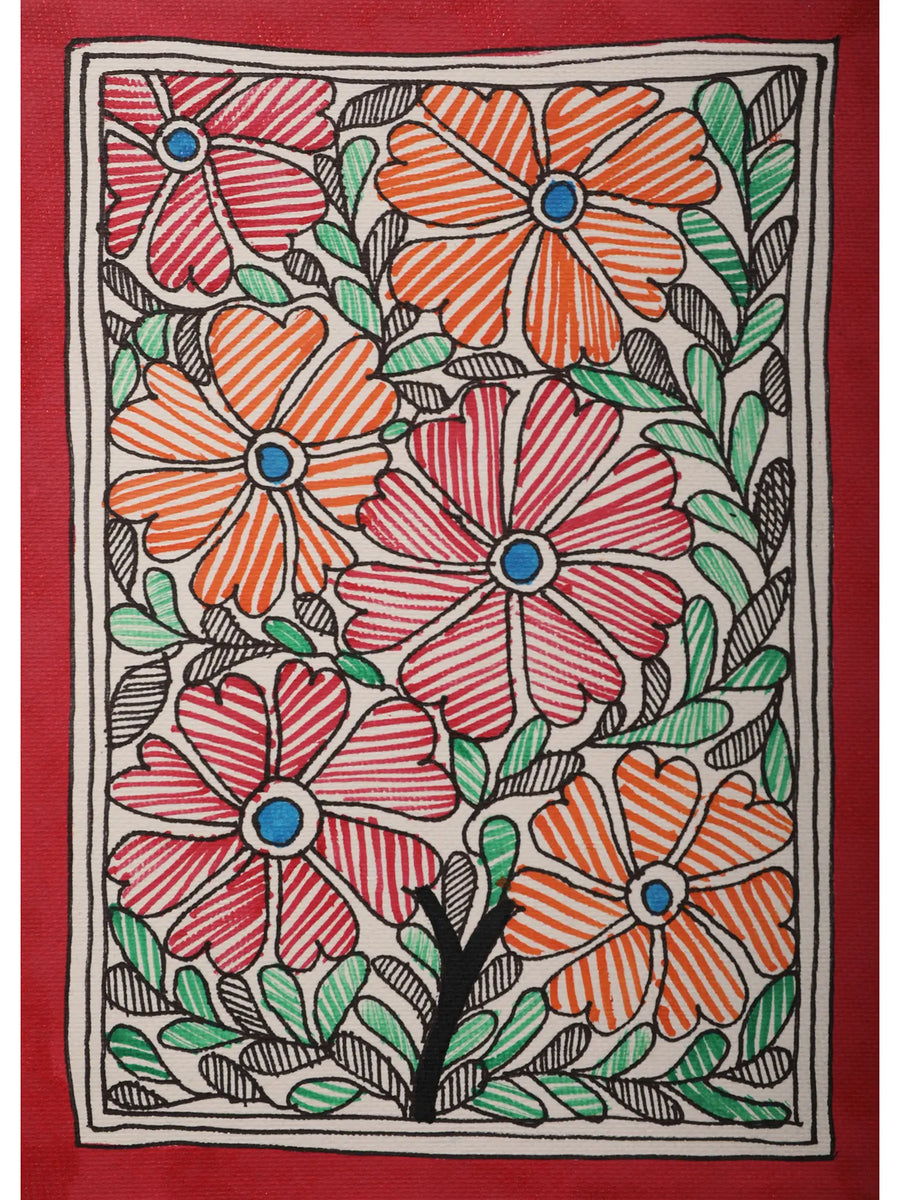 Flowers Madhubani Painting on Handmade Paper