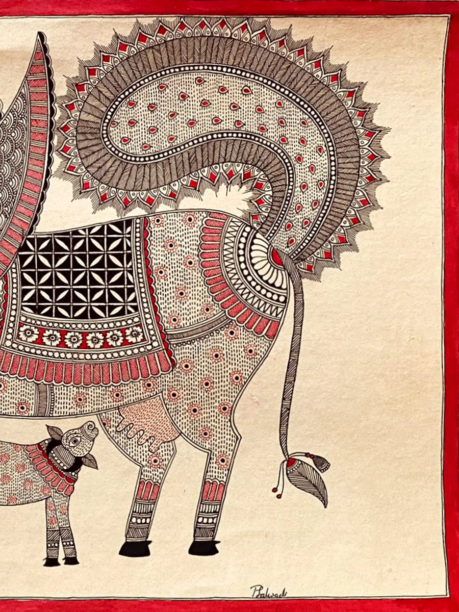 Goddess Kamdhenu and Calf Painting on Handmade Paper