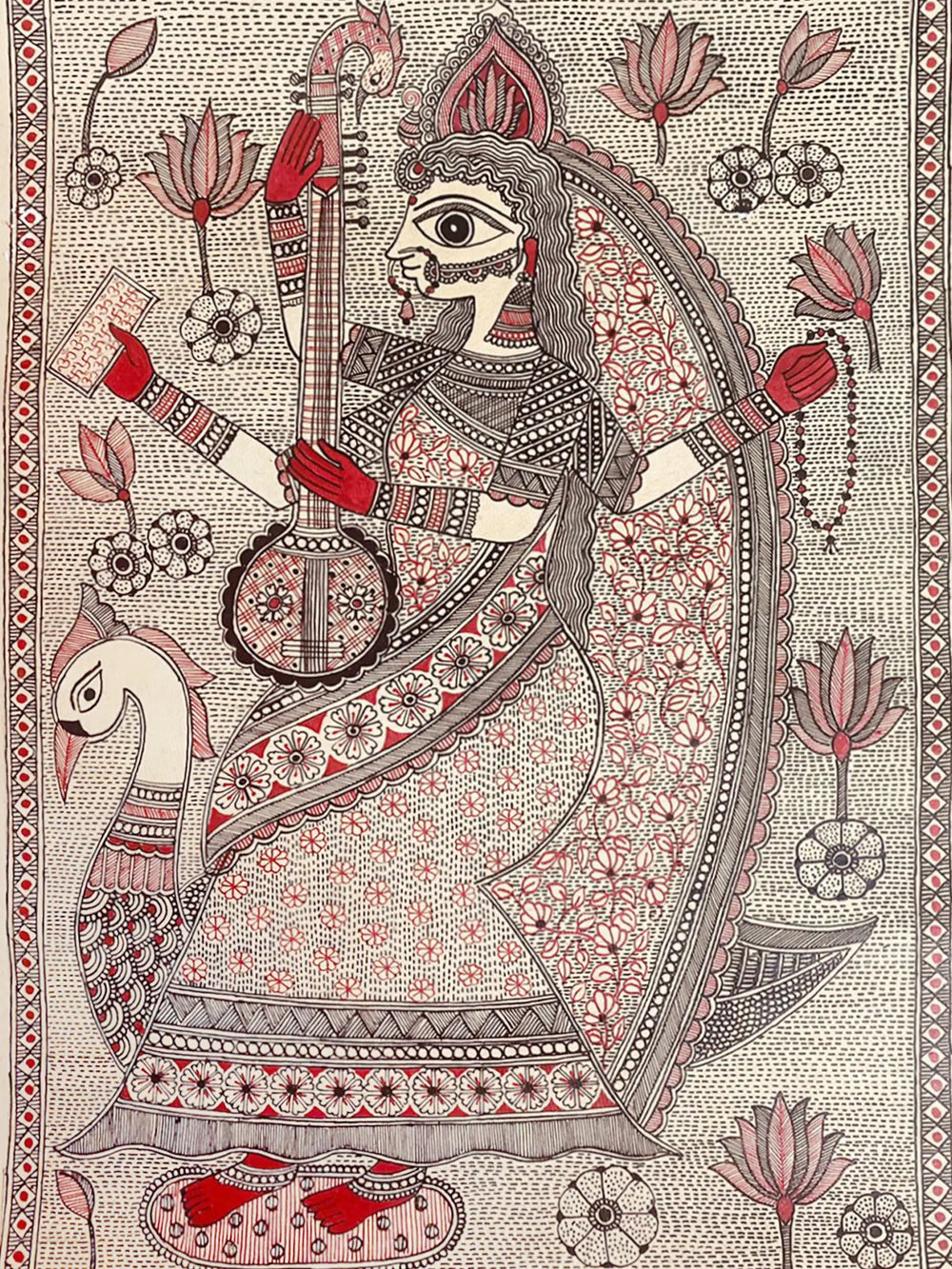 Maa Saraswati Playing Veena | Waterproof Ink On Handmade Paper | By Priti Dalwadi
