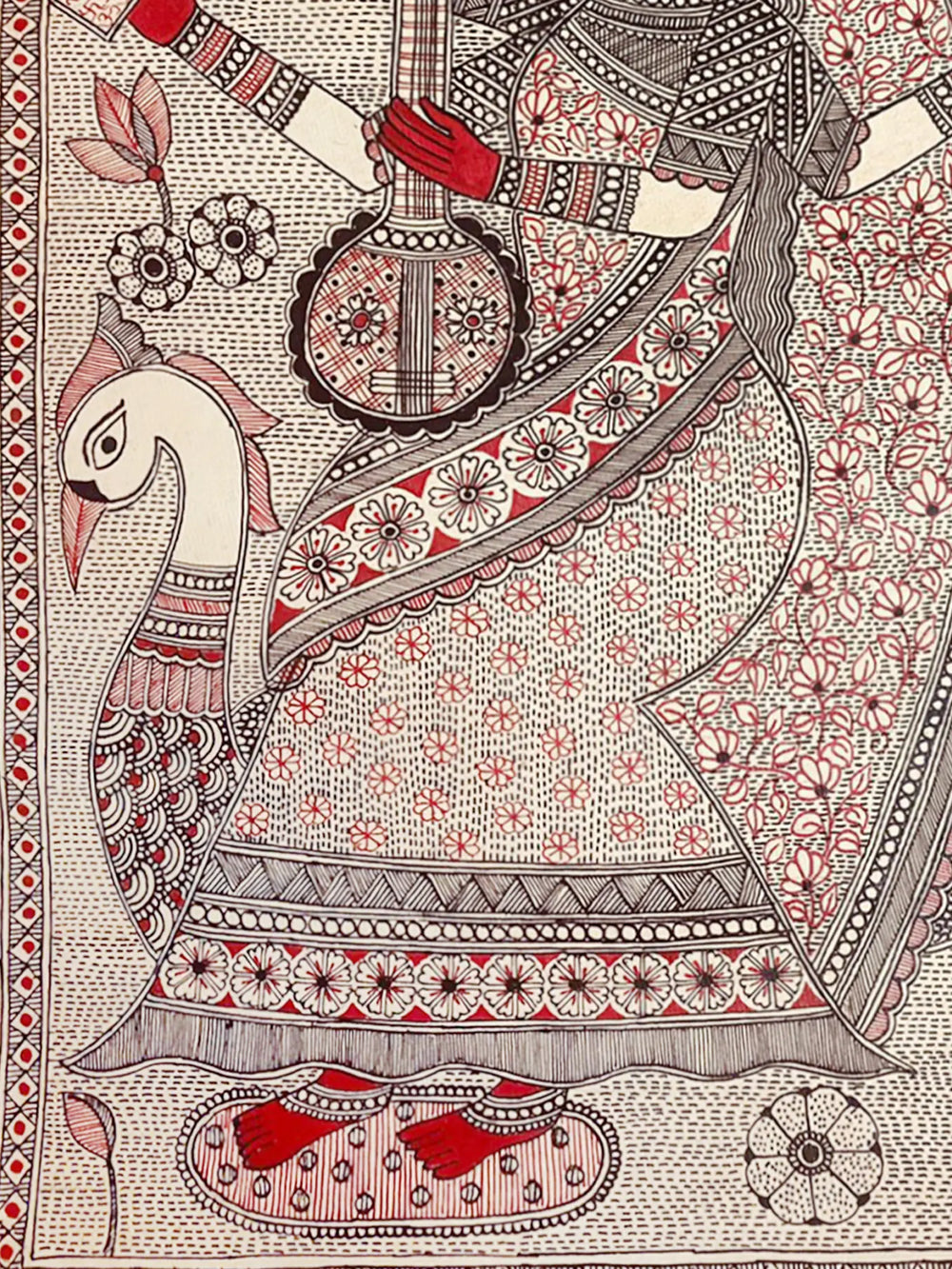 Maa Saraswati Playing Veena | Waterproof Ink On Handmade Paper | By Priti Dalwadi