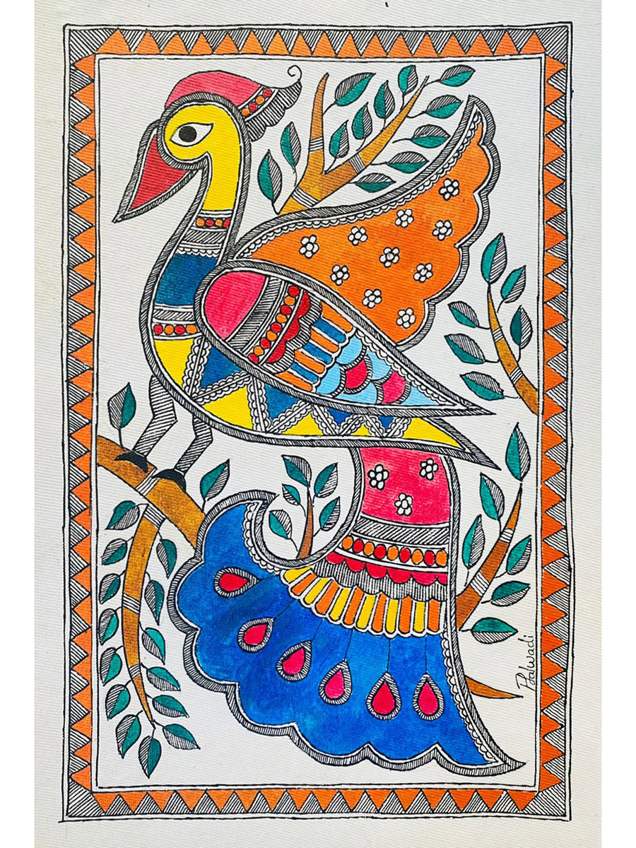 Peacock with Tail Painting on Handmade Paper
