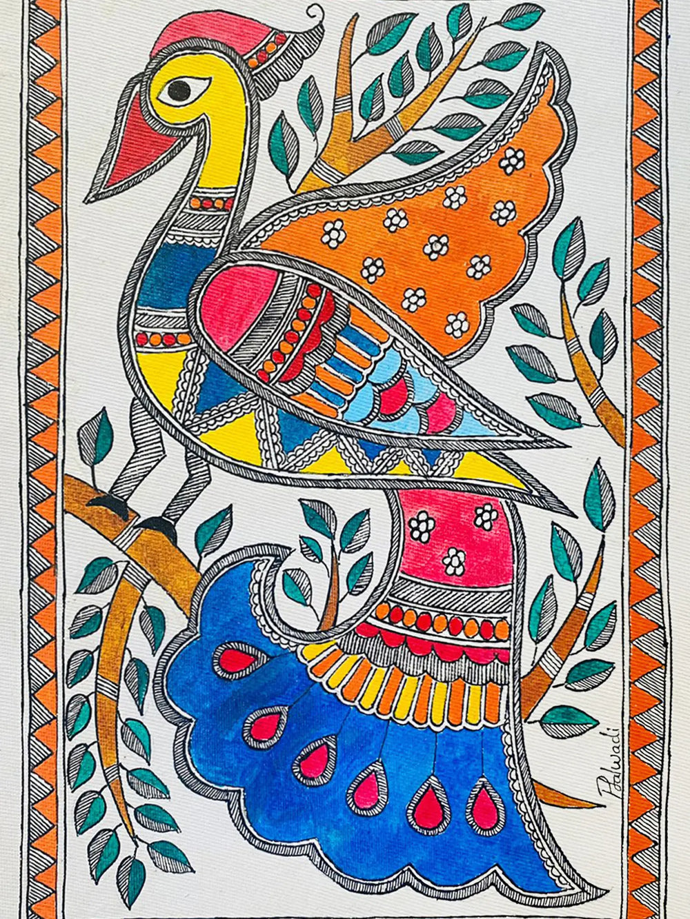 Beautiful Peacock With Tail | Acrylic On Handmade Paper | By Priti Dalwadi