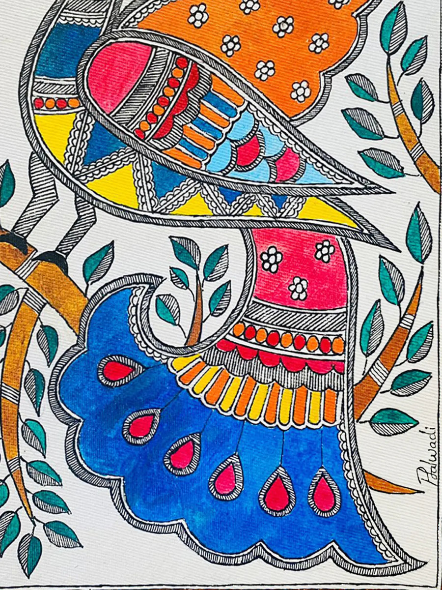 Peacock with Tail Painting on Handmade Paper