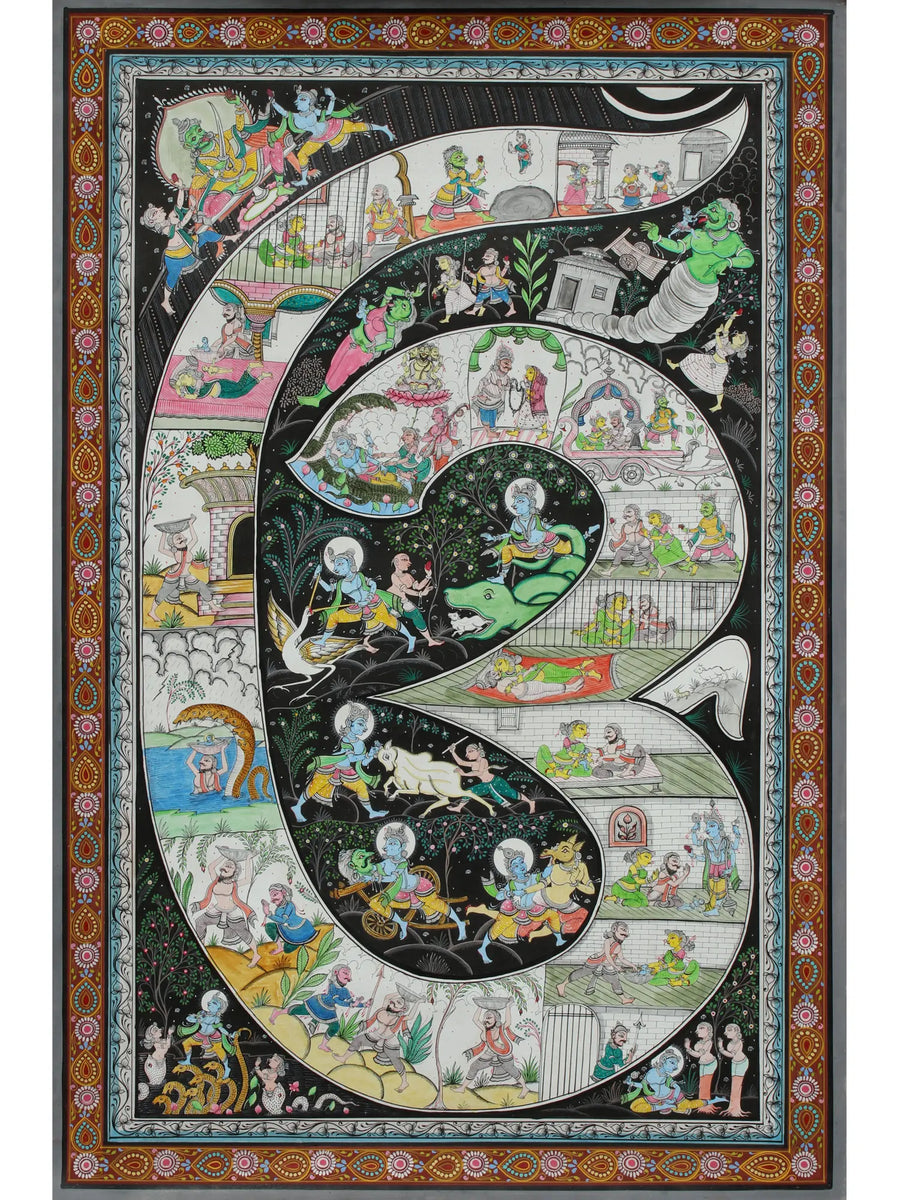 Shri Krishna's Life Story Inside the Aum (Om) Pattachitra Painting on Canvas
