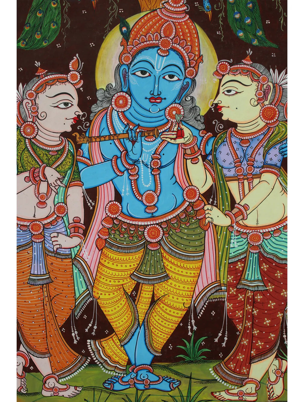 Lord Krishna with His Consorts Rukmini and Satyabhama | Pattachitra Painting