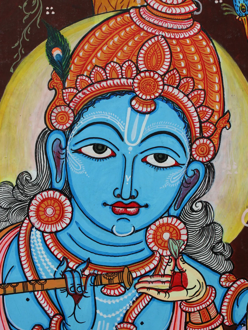 Lord Krishna with His Consorts Rukmini and Satyabhama | Pattachitra Painting